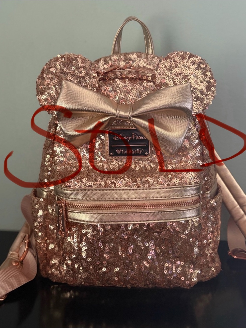 *** SOLD *** DISNEY PARKS Loungefly 2019 Minnie Mouse Rose Gold Sequin Backpack